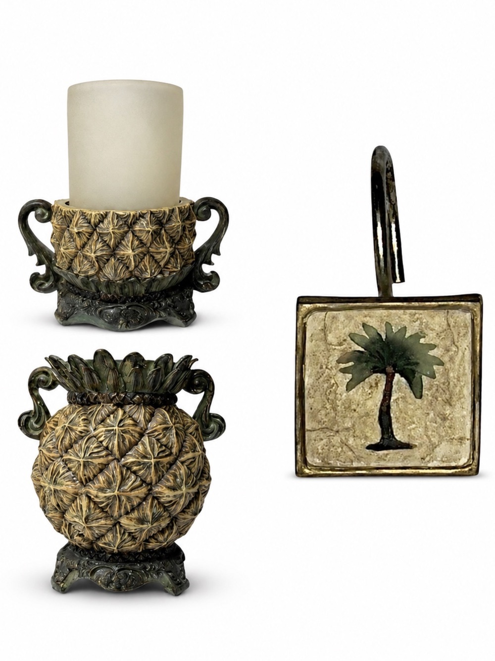 Vintage Pineapple Toothbrush Cup Candle Holder &‎ Palm Tree Shower Curtain Hooks